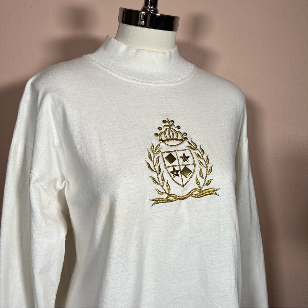 Vintage 1980 Icing Oversized Cream Gold Crown Embellished mock neck sweater - Picture 1 of 17